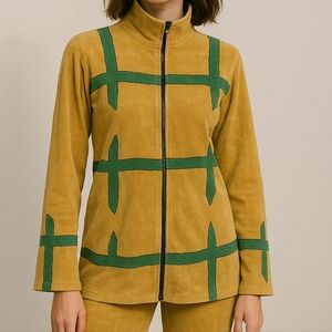 Topaz Mustard & Green Geometric Cotton Zip Jacket Size Large